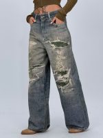 Jeans | Blug wide leg nisipiu imprimat rupturi - imagine 3