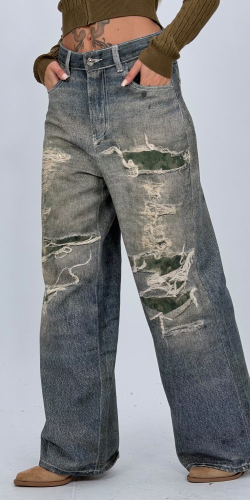 Jeans | Blug wide leg nisipiu imprimat rupturi
