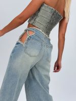 Jeans | Blug wide leg decupat accesorizat cu ștrasuri - imagine 13