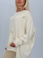 Pulover din tricot cu broderie florală și perle - imagine 2
