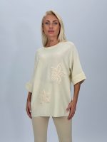 Pulover din tricot cu mânecă 3/4 și flori aplicate - imagine 4