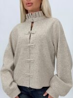 Pulover cardigan bej cu legături, detaliu croială