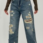 Jeans | Blug wide leg cu strasuri și rupturi