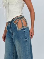 Jeans | Blug wide leg decupat accesorizat cu ștrasuri - imagine 16