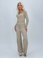 Pantalon din tricot bej cu lurex, vedere frontală
