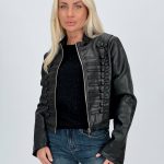 Jachetă din piele eco neagră cu guler tunică pentru femei