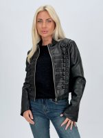 Jachetă din piele eco neagră cu guler tunică pentru femei
