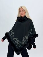 Poncho din lână cu ștrasuri și blană - imagine 2