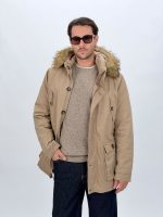 Parka bărbați cu blană la glugă, detaliu glugă și fermoar