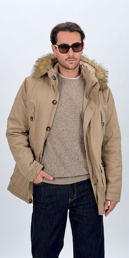 Jachetă parka bărbați cu glugă și blană detașabilă, vedere frontală