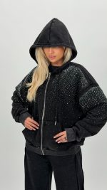 Hanorac dama oversized negru cu ștrasuri