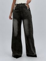 Jeans | Blug wide leg decupat accesorizat cu ștrasuri