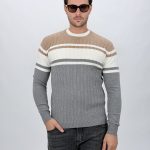 Pulover tricot bărbați cu model torsade și dungi, vedere frontală