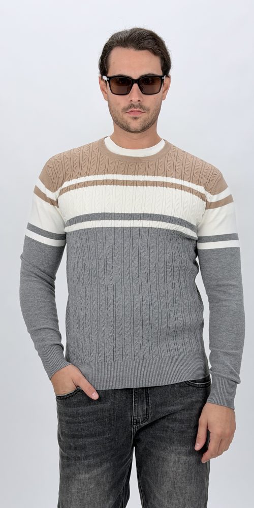 Pulover tricot bărbați cu model torsade și dungi, vedere frontală