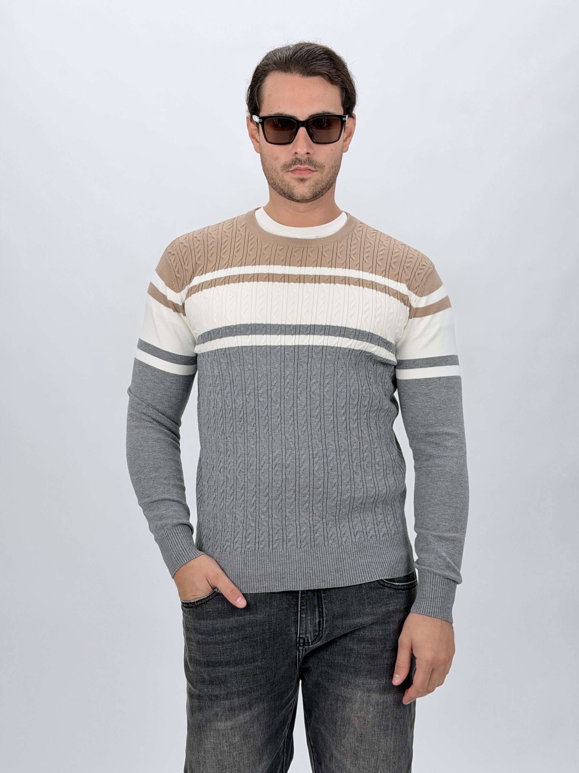 IMG_5976 Pulover tricot bărbați cu model torsade și dungi, vedere frontală