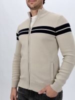 Pulover cu fermoar și model tricot, culoare bej
