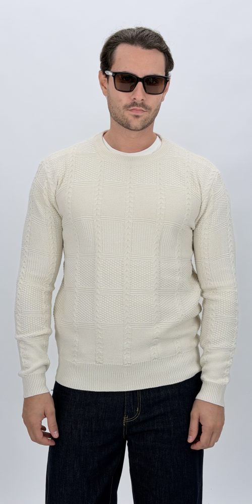 Pulover tricot bărbați cu model torsade și decolteu rotund