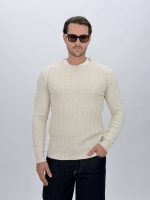 Pulover din tricot alb cu model torsade pentru bărbați
