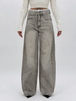 Jeans wide leg cu detalii de strass și dantelă, croială lejeră