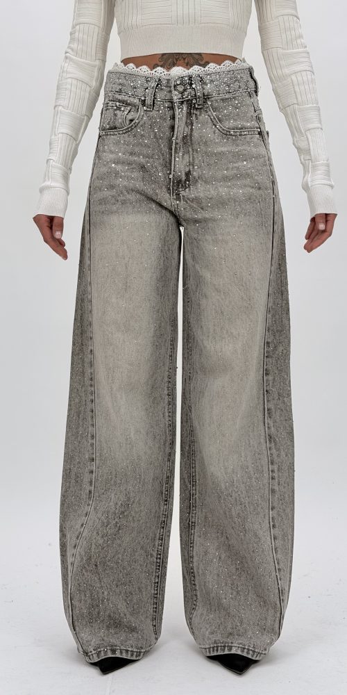 Jeans wide leg cu detalii de strass și dantelă, croială lejeră