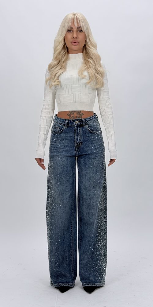 Jeans wide leg albastru cu ștrasuri pe lateral, vedere frontală