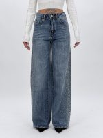Blugi wide leg albastru cu detalii strălucitoare, croială relaxată