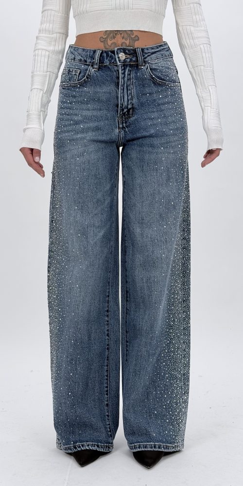 Blugi wide leg albastru cu detalii strălucitoare, croială relaxată