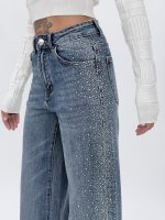 Blugi wide leg femei, detaliu ștrasuri pe picior