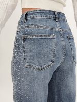 Jeans wide leg albastru cu ștrasuri, ansamblu complet