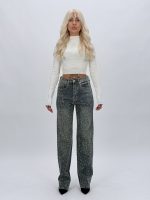 Jeans albastru cu ștrasuri, croială dreaptă femei, vedere frontală