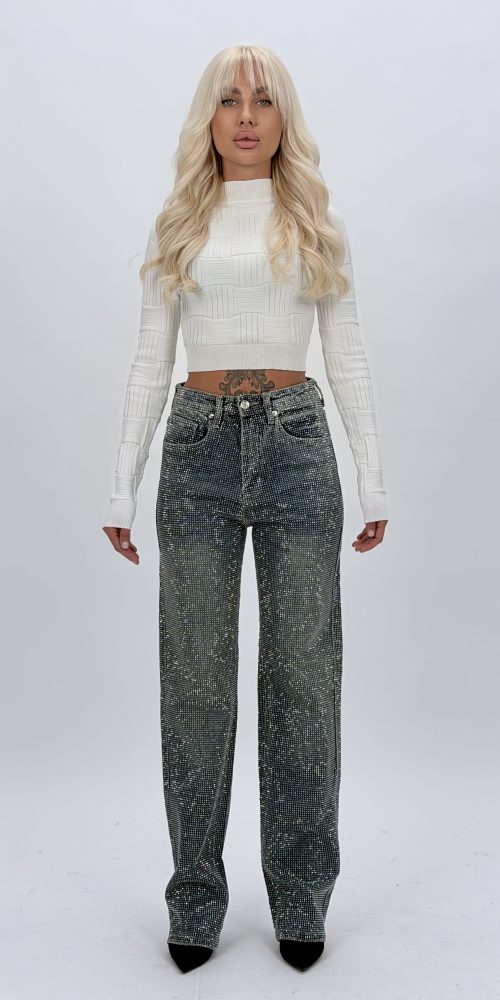 Jeans albastru cu ștrasuri, croială dreaptă femei, vedere frontală