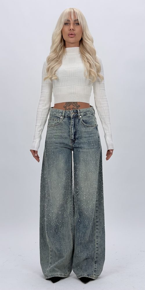 Jeans wide leg albastru cu ștrasuri, vedere frontală