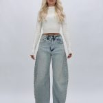 Jeans baggy cu ștrasuri mari albastri CATO, vedere frontală