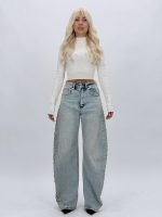 Jeans baggy cu ștrasuri mari albastri CATO, vedere frontală