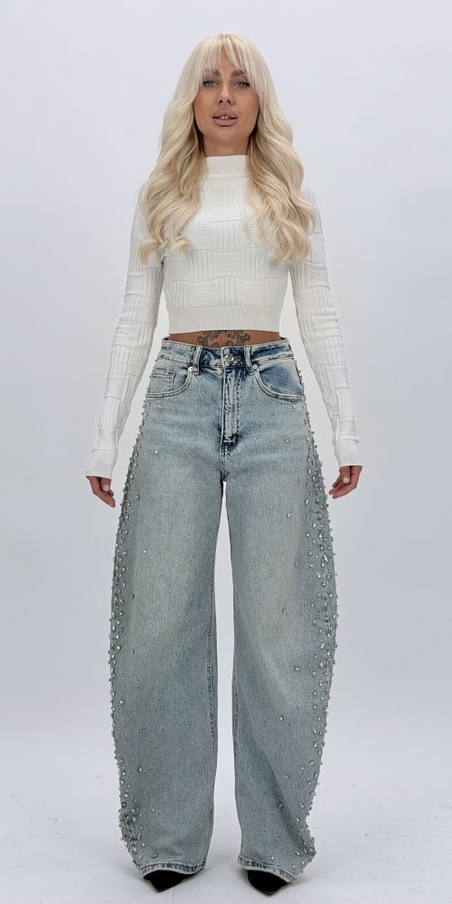 Jeans baggy cu ștrasuri mari albastri CATO, vedere frontală