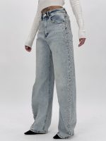 Jeans baggy femei albastri cu ștrasuri, vedere laterală
