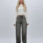 Jeans wide leg cu ștrasuri verticale gri, croială modernă