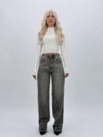 Jeans wide leg cu ștrasuri verticale gri, croială modernă