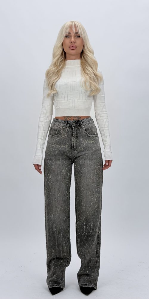 Jeans wide leg cu ștrasuri verticale gri, croială modernă
