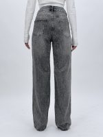 Jeans wide leg gri cu ștrasuri, ansamblu complet, model feminin