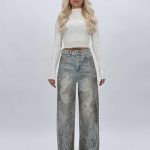 Jeans wide leg cu ștrasuri argintii pentru femei, culoare albastru denim