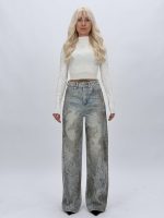 Jeans wide leg cu ștrasuri argintii pentru femei, culoare albastru denim