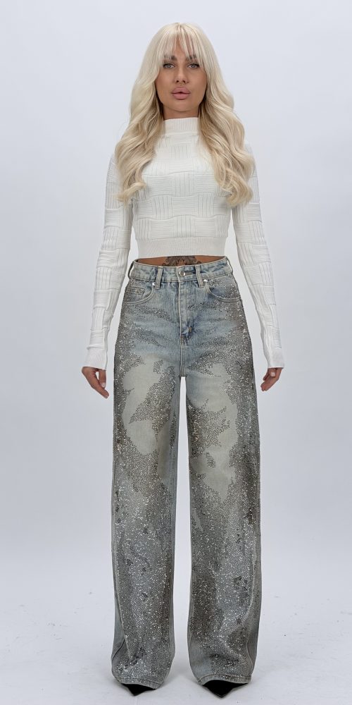 Jeans wide leg cu ștrasuri argintii pentru femei, culoare albastru denim