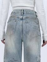 Jeans wide leg albastri cu ștrasuri, detaliu buzunare