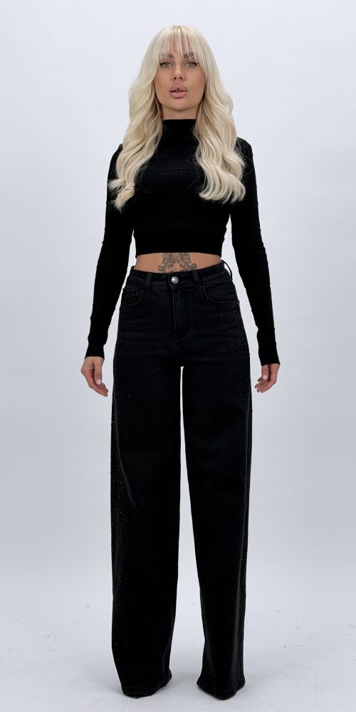 Jeans wide leg negru cu ștrasuri pe lateral, croială modernă