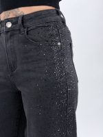 Pantaloni denim negri wide leg cu detalii ștrasuri
