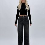 Jeans wide leg antracit cu ștrasuri, model femei CATO