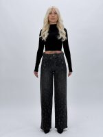 Jeans wide leg antracit cu ștrasuri, model femei CATO