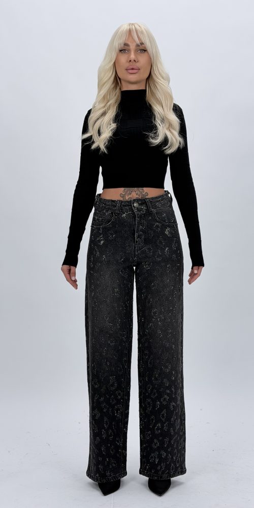 Jeans wide leg antracit cu ștrasuri, model femei CATO