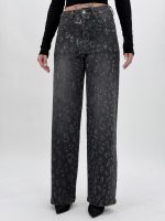 Jeans femei wide leg antracit cu ștrasuri, detaliu croială largă